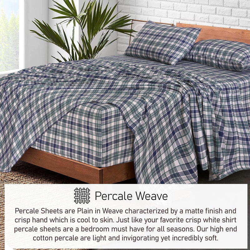 RUVANTI 100% Cotton King Size Sheets Set  4 Pieces  Soft & Breathable Percale Weave Bedding  Deep Pocket 16""  Hotel Standard  Crisp Cool Feel  Durable  Perfect Plaid Bed Sheet  Greenish Blue Plaid - Image 4